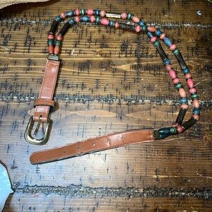 Vintage Women’s Beaded Wooden Accent Belt in Brown, Coral & Teal